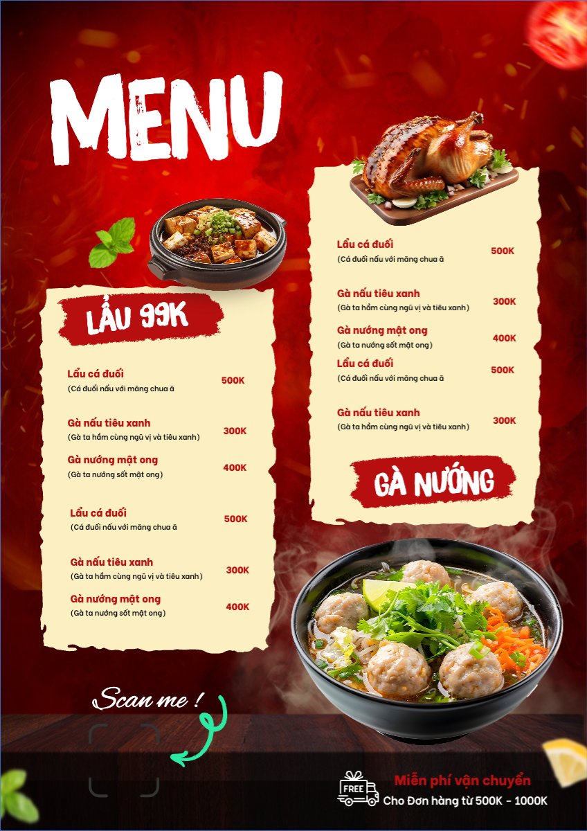 Mẫu Menu tờ rời (dọc) Đồ ăn, food, thực phẩm, ẩm thực, món ăn, F&B, nhà hàng, thức ăn, gà, chicken — LayerPic