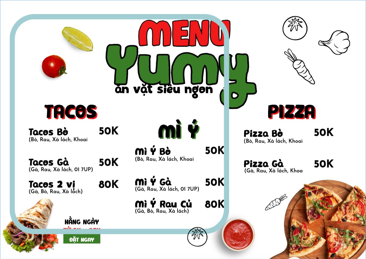 Mẫu Menu tờ rời (ngang) Đồ ăn, food, thực phẩm, ẩm thực, món ăn, F&B, nhà hàng, thức ăn,ăn vặt, fastfood — LayerPic