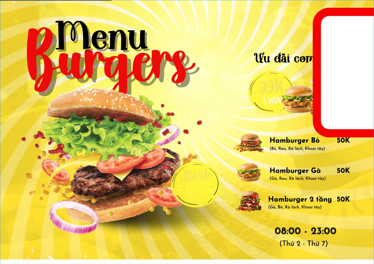 Mẫu Menu tờ rời (ngang) Đồ ăn, food, thực phẩm, ẩm thực, món ăn, F&B, nhà hàng, thức ăn, ăn vặt, fastfood, hamburger — LayerPic