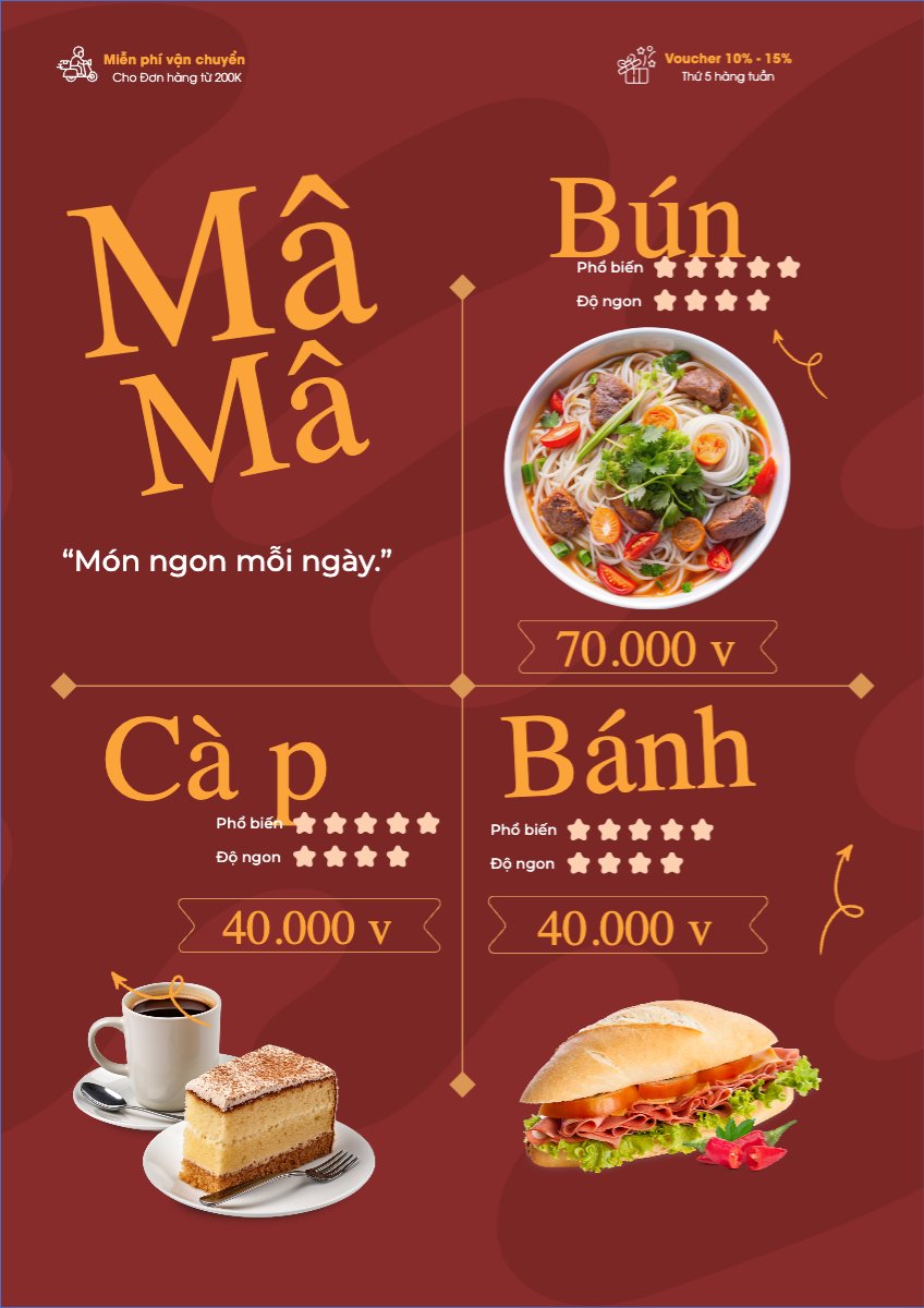 Mẫu Menu tờ rời (dọc) Đồ ăn, food, thực phẩm, ẩm thực, món ăn, F&B, nhà hàng, thức ăn, món Việt, phở, bánh mì — LayerPic