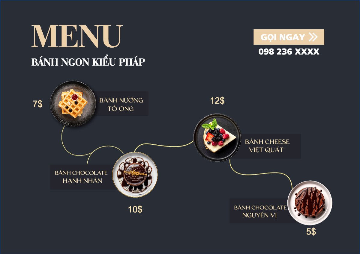 Mẫu Menu tờ rời (ngang) Đồ ăn, food, thực phẩm, ẩm thực, món ăn, F&B, nhà hàng, thức ăn, bánh ngọt, cake — LayerPic