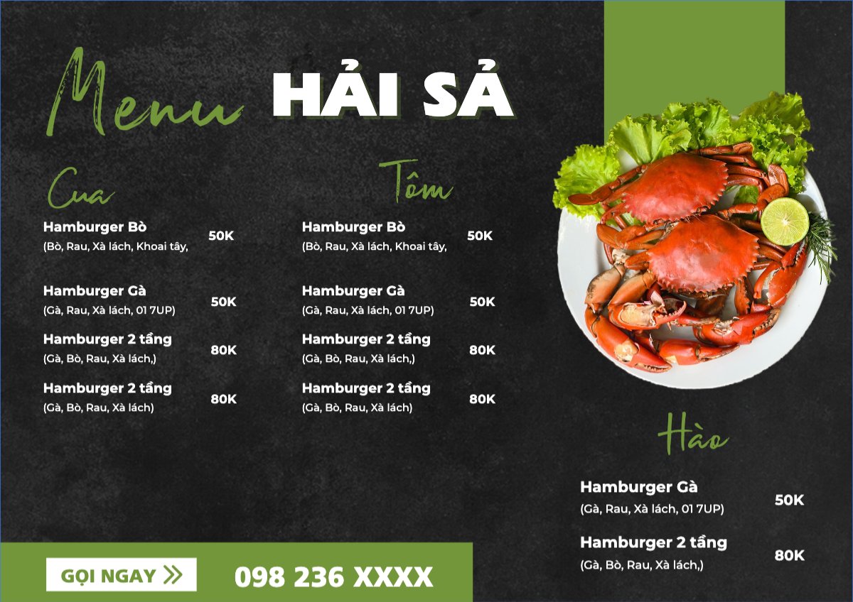 Mẫu Menu tờ rời (ngang) Đồ ăn, food, thực phẩm, ẩm thực, món ăn, F&B, nhà hàng, thức ăn, hải sản, sea food — LayerPic