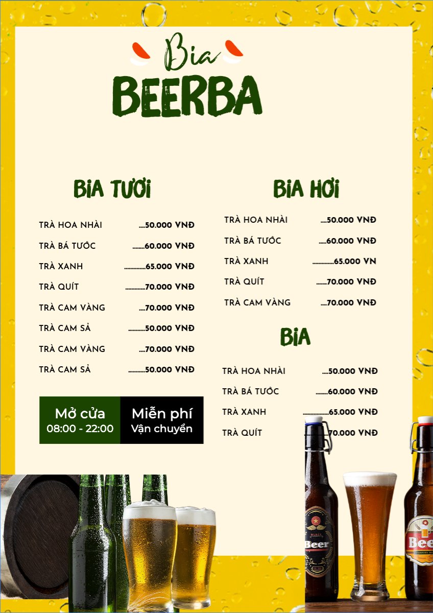 Mẫu Menu tờ rời (dọc) Nước uống, juice, giải khát, F&B, drink, bia, beer — LayerPic