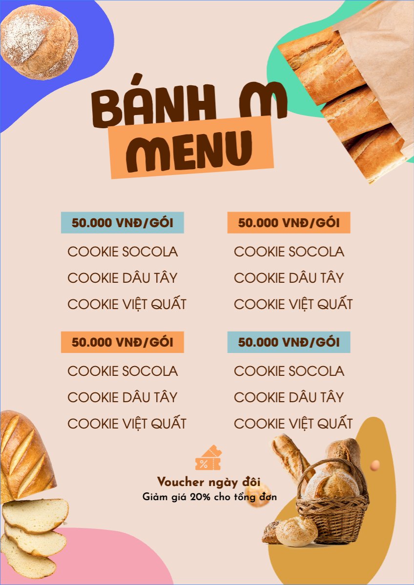 Mẫu Menu tờ rời (dọc) Đồ ăn, food, thực phẩm, ẩm thực, món ăn, F&B, nhà hàng, thức ăn, bánh mì, bakery — LayerPic