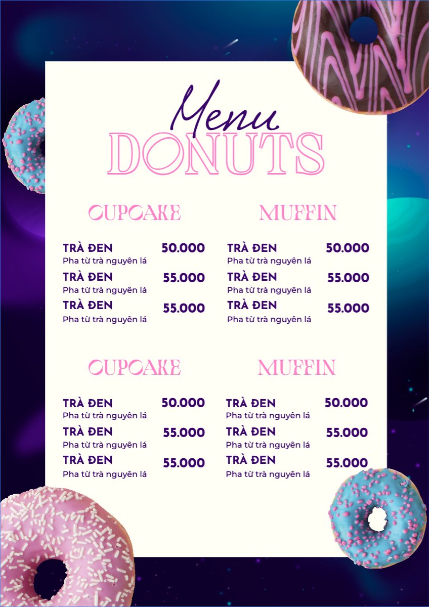 Mẫu Menu tờ rời (dọc) Đồ ăn, food, thực phẩm, ẩm thực, món ăn, F&B, nhà hàng, thức ăn, bánh ngọt, cake, donuts — LayerPic