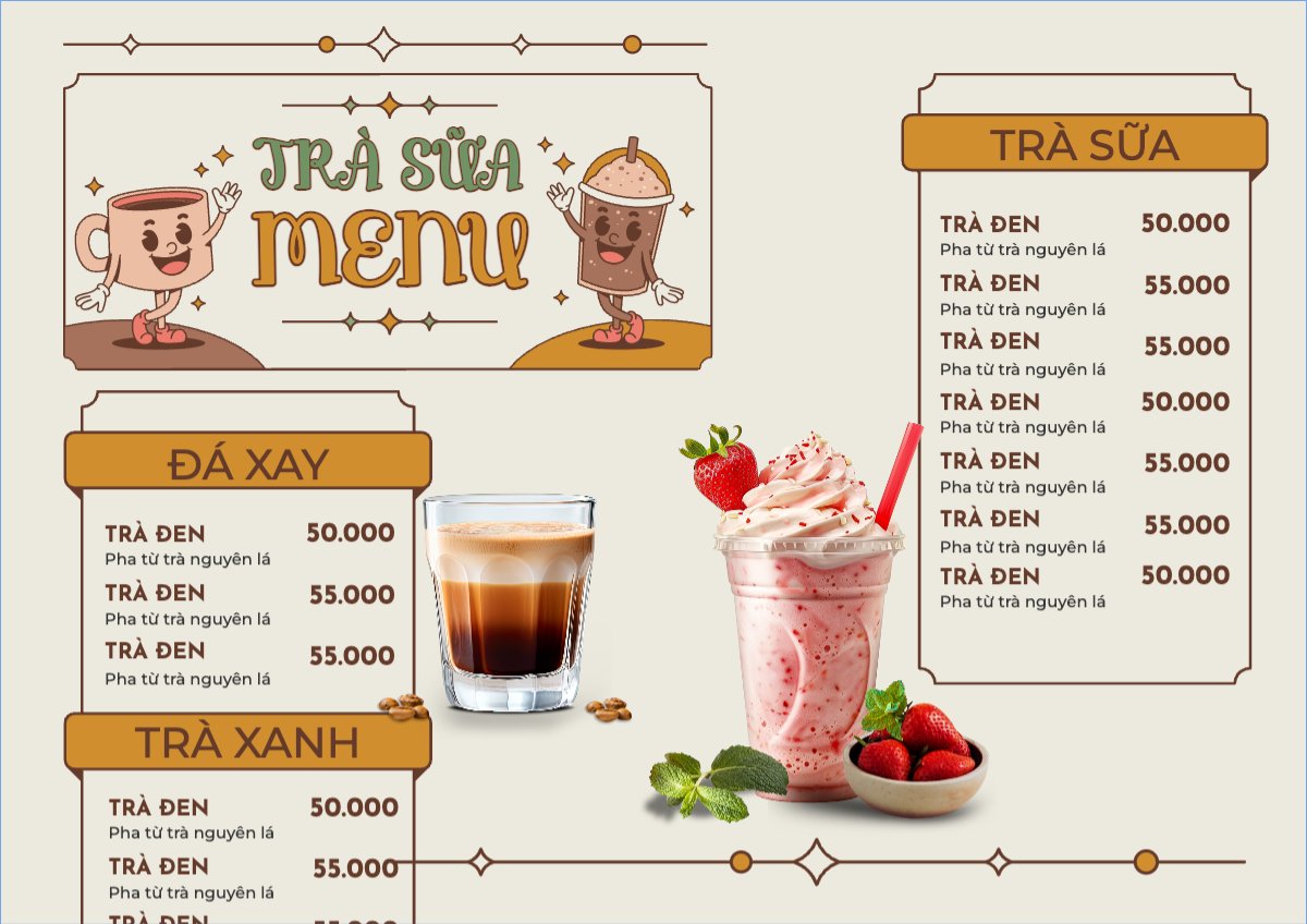 Mẫu Menu tờ rời (ngang) Nước uống, juice, giải khát, F&B, drink, coffee, cà phê, milk tea, trà sữa — LayerPic