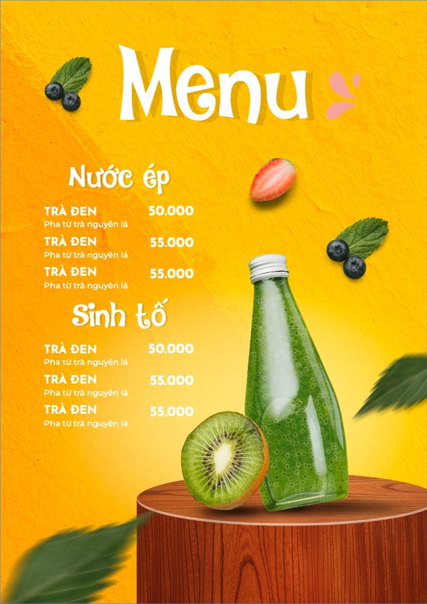Mẫu Menu tờ rời (dọc) Nước uống, juice, giải khát, F&B, drink, nước ép — LayerPic