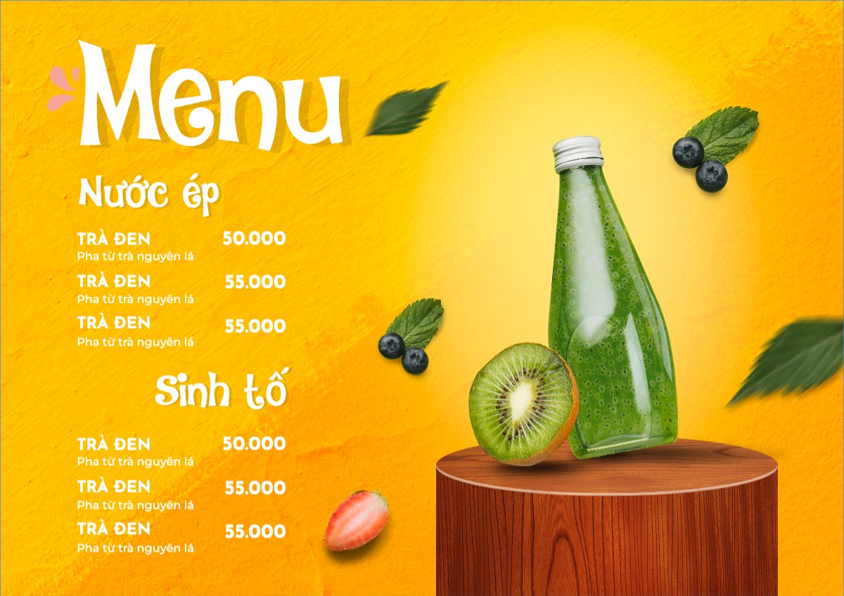 Mẫu Menu tờ rời (ngang) Nước uống, juice, giải khát, F&B, drink, nước ép, smoothie, sinh tố — LayerPic