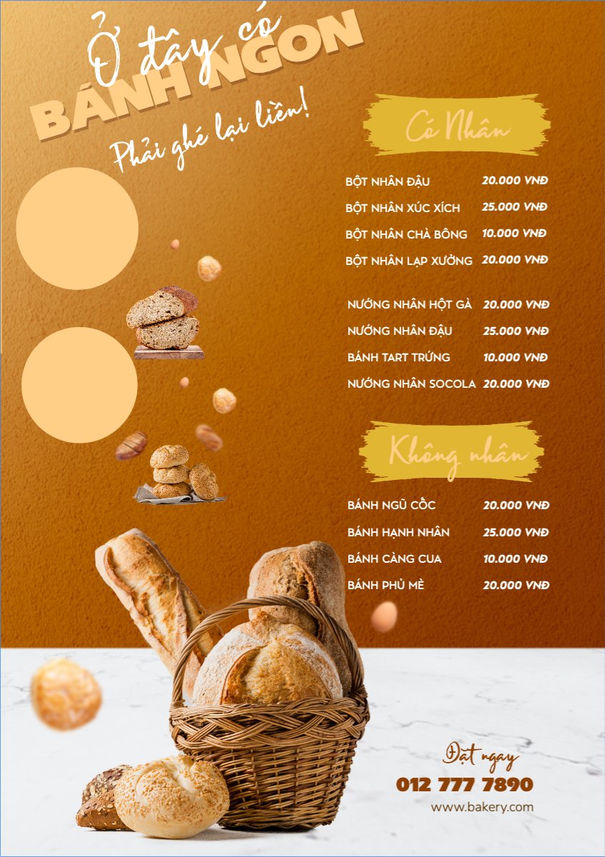 Mẫu Menu tờ rời (dọc) Đồ ăn, food, thực phẩm, ẩm thực, món ăn, F&B, nhà hàng, thức ăn,bánh mì — LayerPic