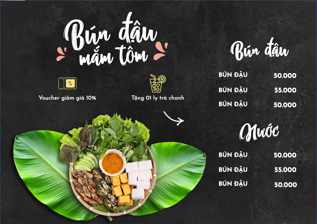 Mẫu Menu tờ rời (ngang) Đồ ăn, food, thực phẩm, ẩm thực, món ăn, F&B, nhà hàng, thức ăn, bún đậu — LayerPic