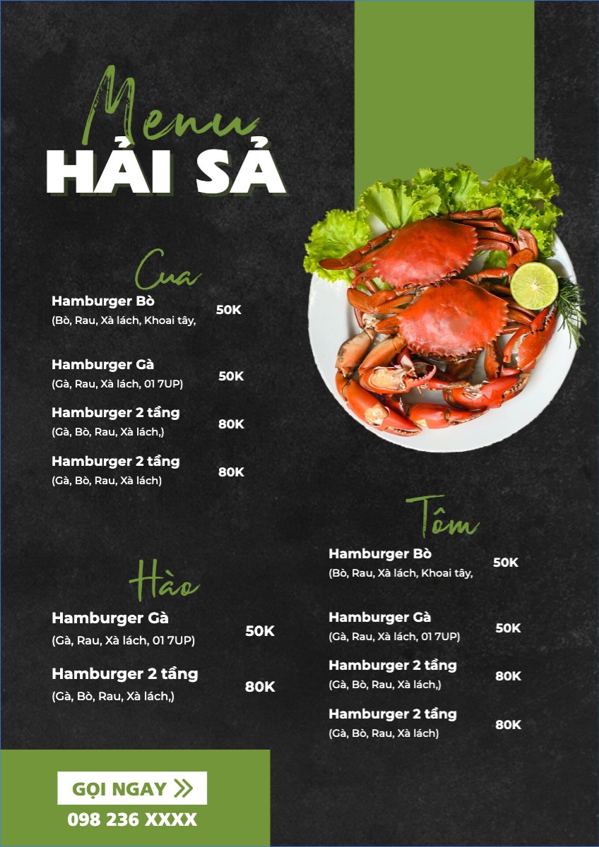 Mẫu Menu tờ rời (dọc) Đồ ăn, food, thực phẩm, ẩm thực, món ăn, F&B, nhà hàng, thức ăn, hải sản — LayerPic