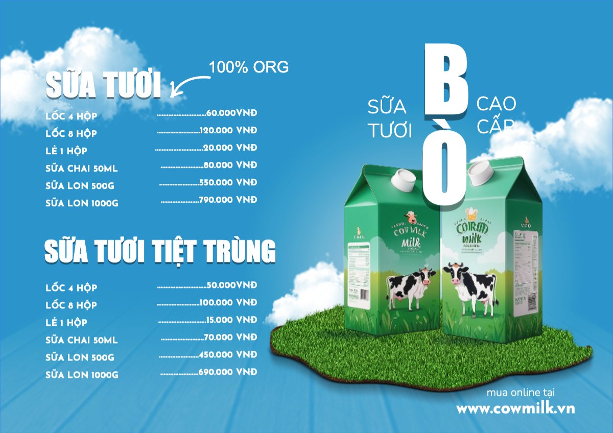 Mẫu Menu tờ rời (ngang) Nước uống, juice, giải khát, F&B, drink, sữa bò, cow milk, milk — LayerPic