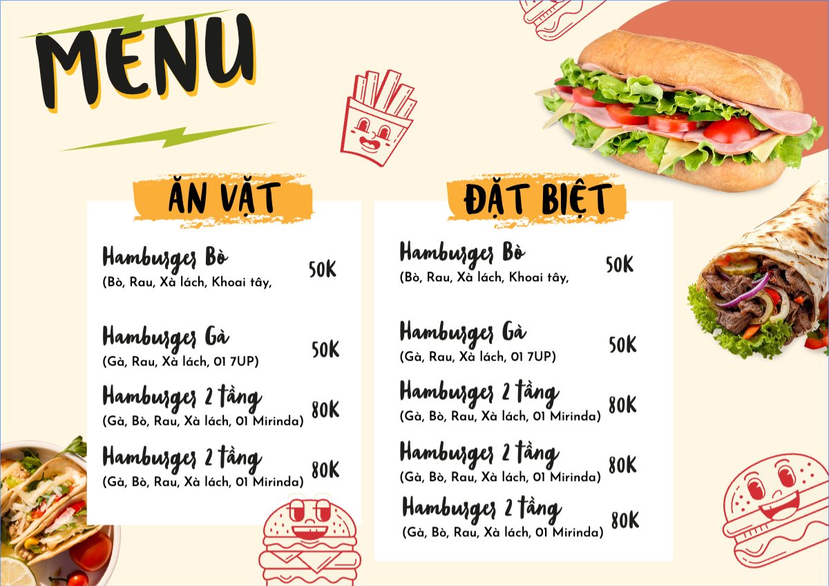 Mẫu Menu tờ rời (ngang) Đồ ăn, food, thực phẩm, ẩm thực, món ăn, F&B, nhà hàng, thức ăn, ăn vặt, fastfood — LayerPic