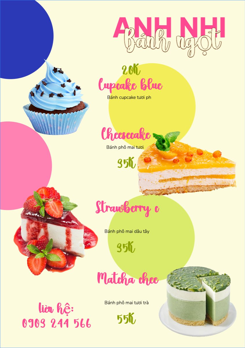 Mẫu Menu tờ rời (dọc) Đồ ăn, food, thực phẩm, ẩm thực, món ăn, F&B, nhà hàng, thức ăn, cake, bánh ngọt — LayerPic