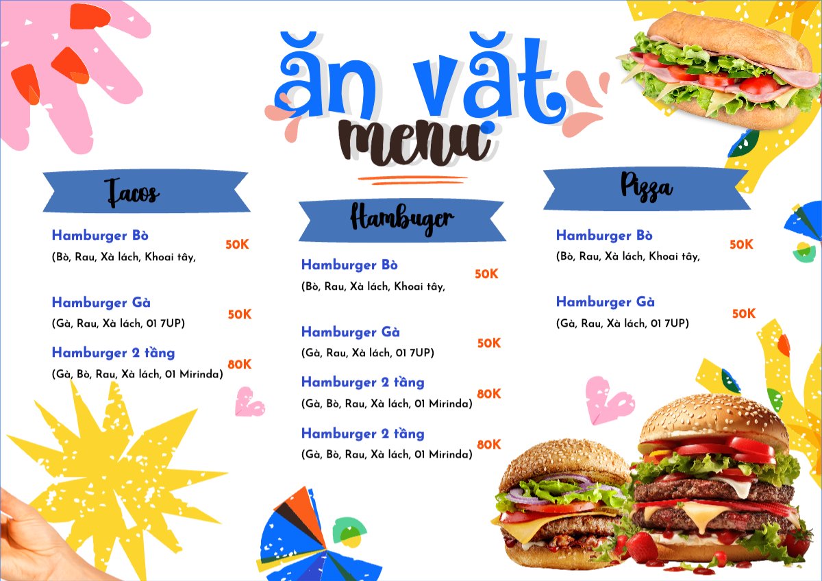 Mẫu Menu tờ rời (ngang) Đồ ăn, food, thực phẩm, ẩm thực, món ăn, F&B, nhà hàng, thức ăn, ăn vặt, fastfood — LayerPic
