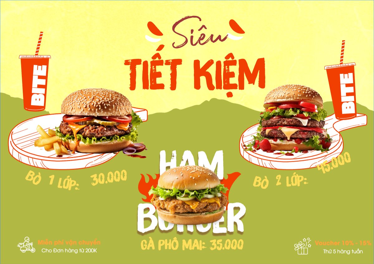 Mẫu Menu tờ rời (ngang) Đồ ăn, food, thực phẩm, ẩm thực, món ăn, F&B, nhà hàng, thức ăn, fastfood, hambuger — LayerPic