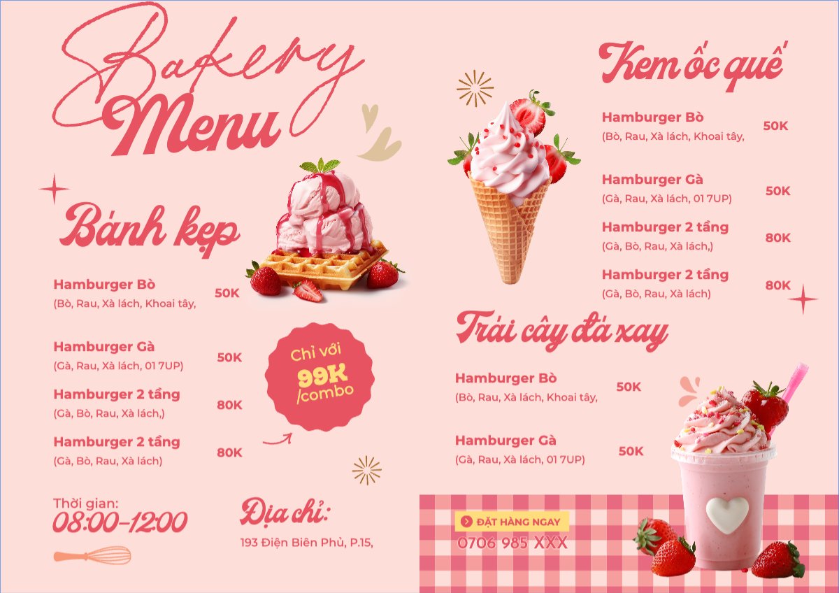 Mẫu Menu tờ rời (ngang) Đồ ăn, food, thực phẩm, ẩm thực, món ăn, F&B, nhà hàng, thức ăn, bánh, cake — LayerPic
