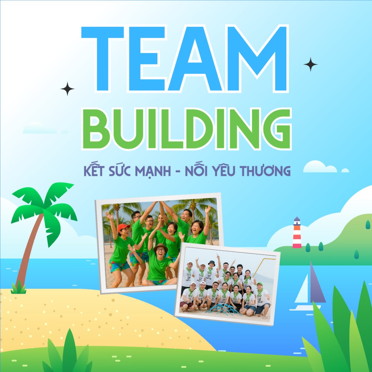 Mẫu Bài post MXH vuông Team building, mùa hè, summer,Du lịch, travel, tourism, trải nghiệm, khám phá — LayerPic