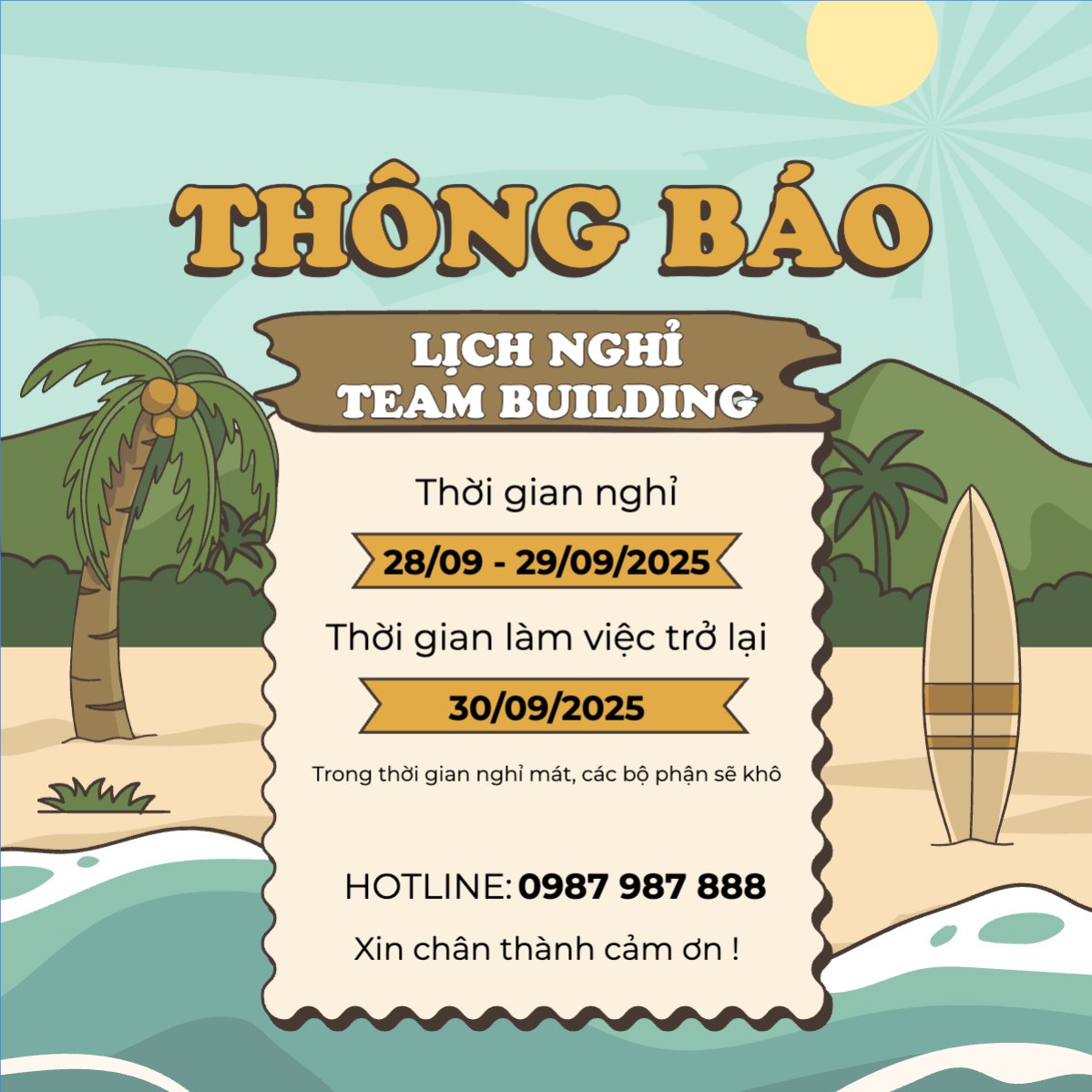 Mẫu Bài post MXH vuông Team building, company trip, thông báo, du lịch, travel, tourism, trải nghiệm, khám phá — LayerPic
