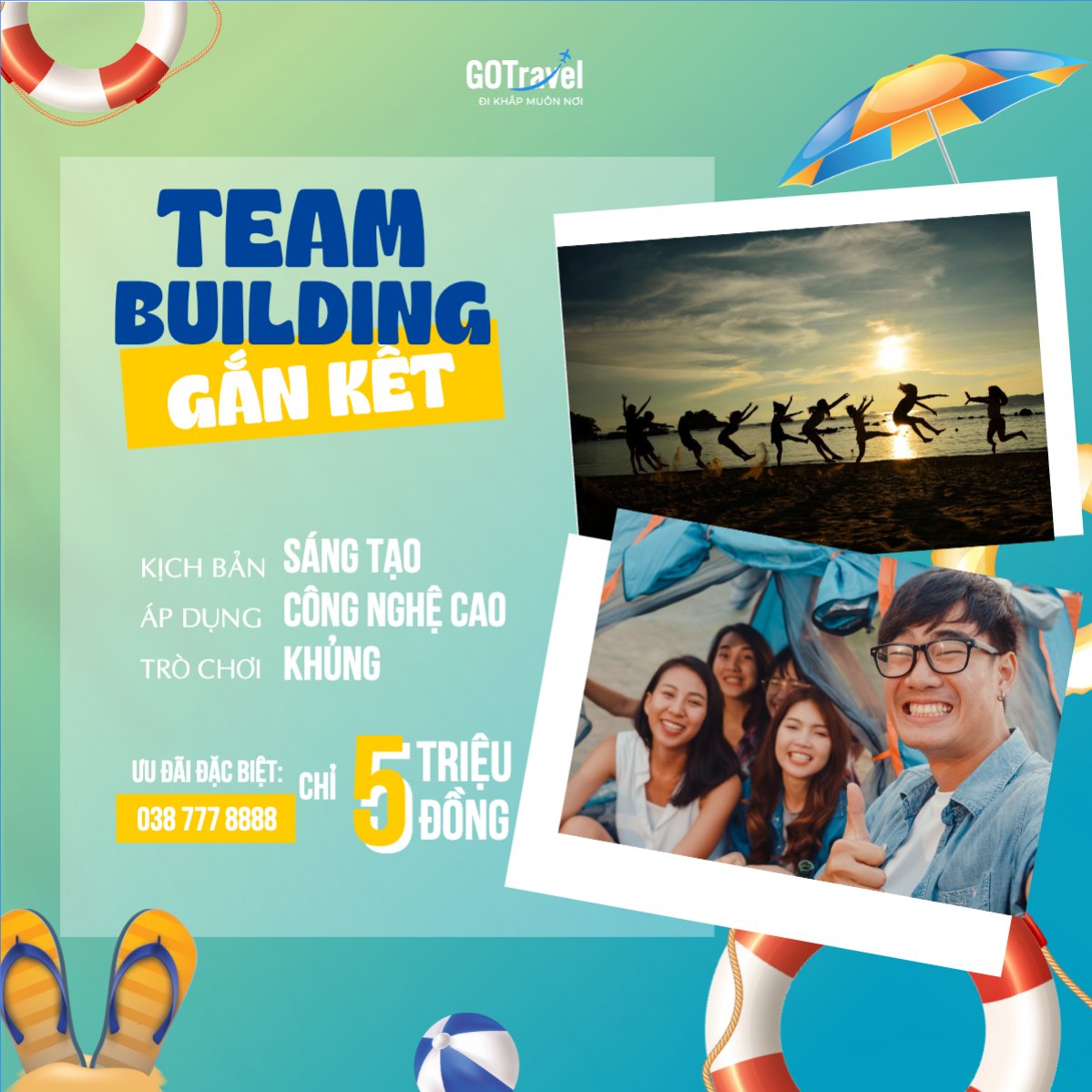 Mẫu Bài post MXH vuông Team building, Du lịch, travel, tourism, trải nghiệm, khám phá — LayerPic