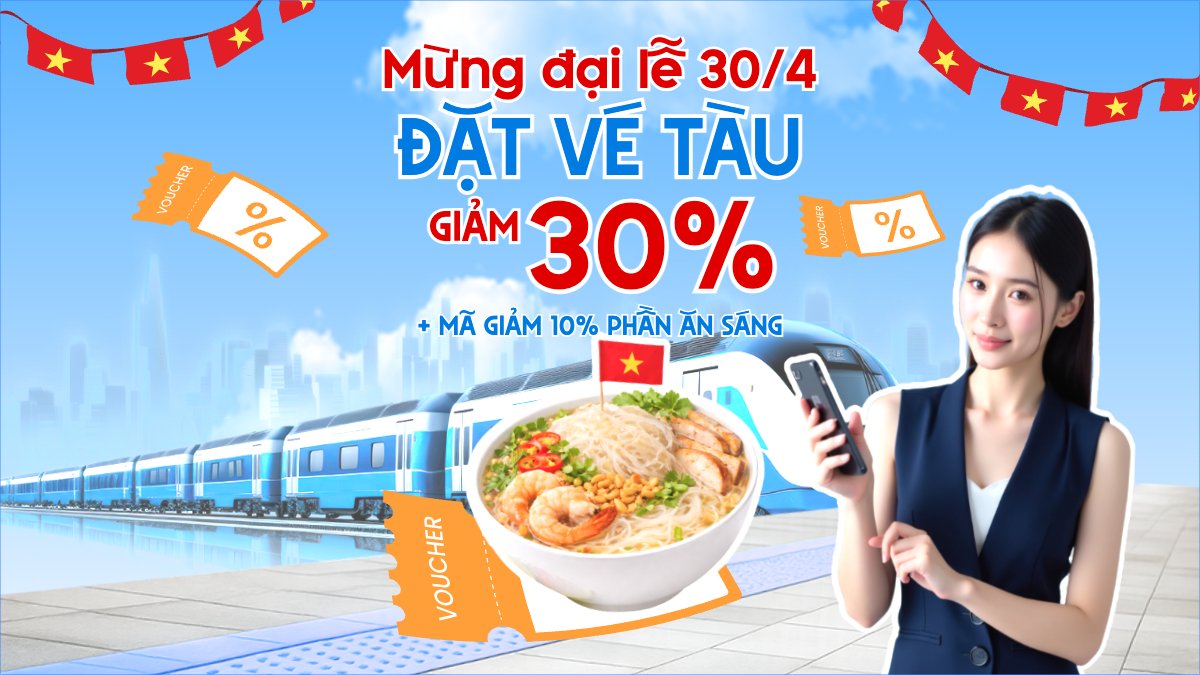Mẫu Bài post MXH (16:9) Mừng đại lễ 30/4 đặt vé tàu giảm tới 30% — LayerPic