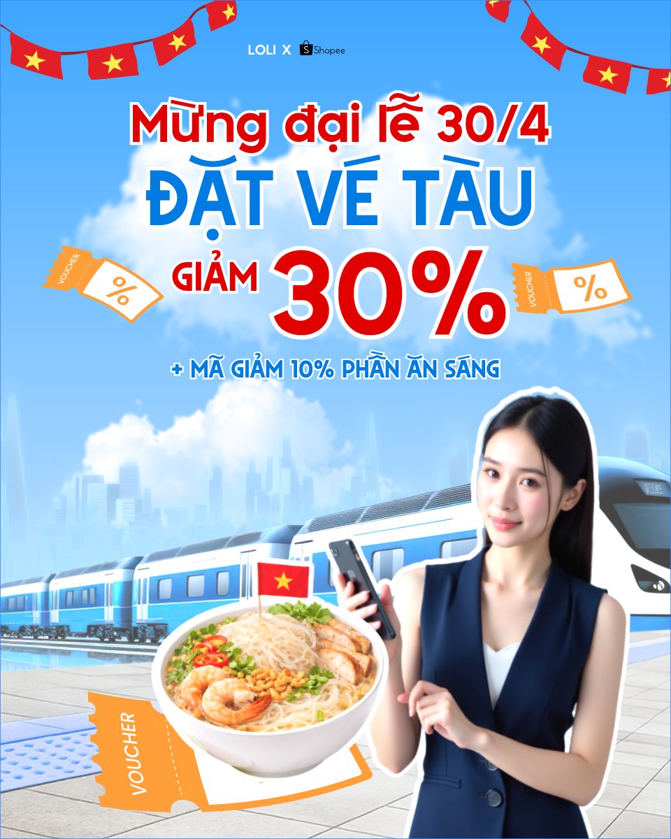 Mẫu Bài post MXH dọc Mừng đại lễ 30/4 đặt vé tàu giảm tới 30% — LayerPic