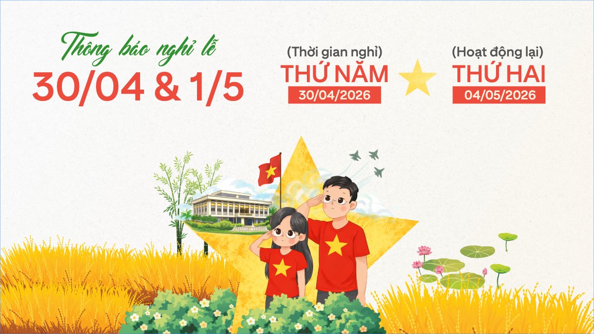 Mẫu Bài post MXH (16:9) Thông báo nghỉ lễ Giải phóng miền Nam 30/4 và Quốc tế Lao động 1/5 — LayerPic