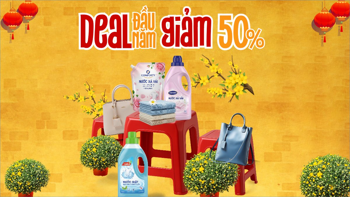 Mẫu Bài post MXH (16:9) Deal đầu năm giảm 50% — LayerPic