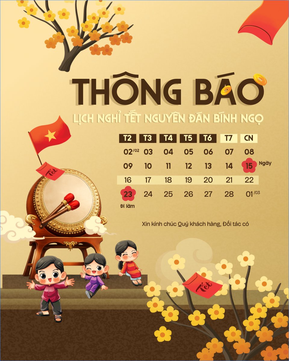Mẫu Bài post MXH dọc Thông báo lịch nghỉ tết nguyên đán Bính Ngọ 2026 — LayerPic