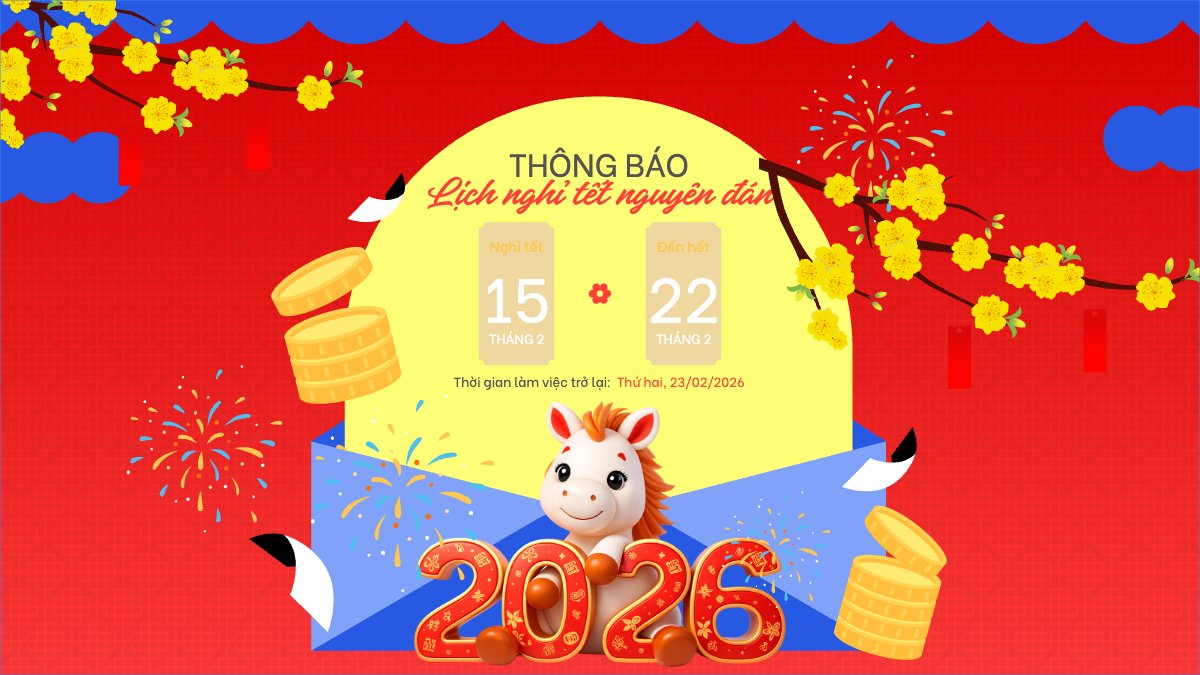 Mẫu Bài post MXH (16:9) Thông báo lịch nghỉ tết nguyên đán Bính Ngọ 2026 — LayerPic