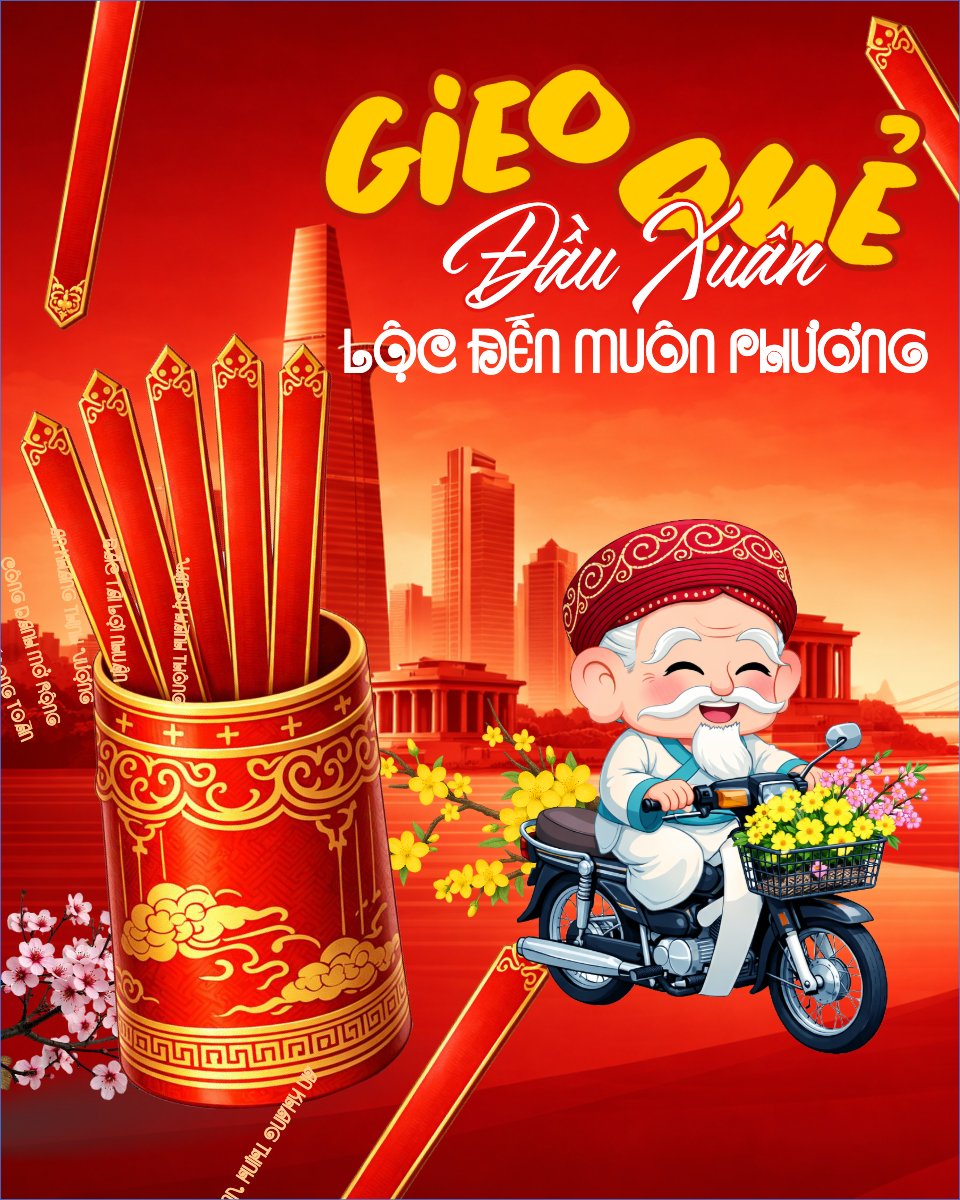 Mẫu Bài post MXH dọc Gieo quẻ đầu xuân lộc đến muôn phương — LayerPic