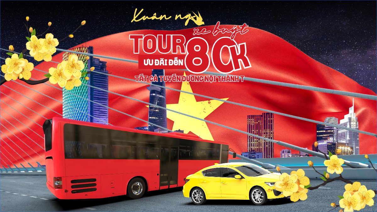 Mẫu Bài post MXH (16:9) Xuân ngao du tour xe buýt ưu đãi 80K — LayerPic