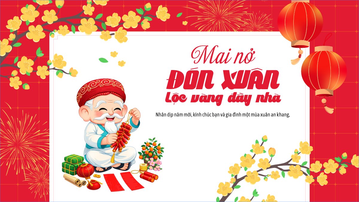 Mẫu Bài post MXH (16:9) Mai nở đón xuân lộc vàng đầy nhà — LayerPic