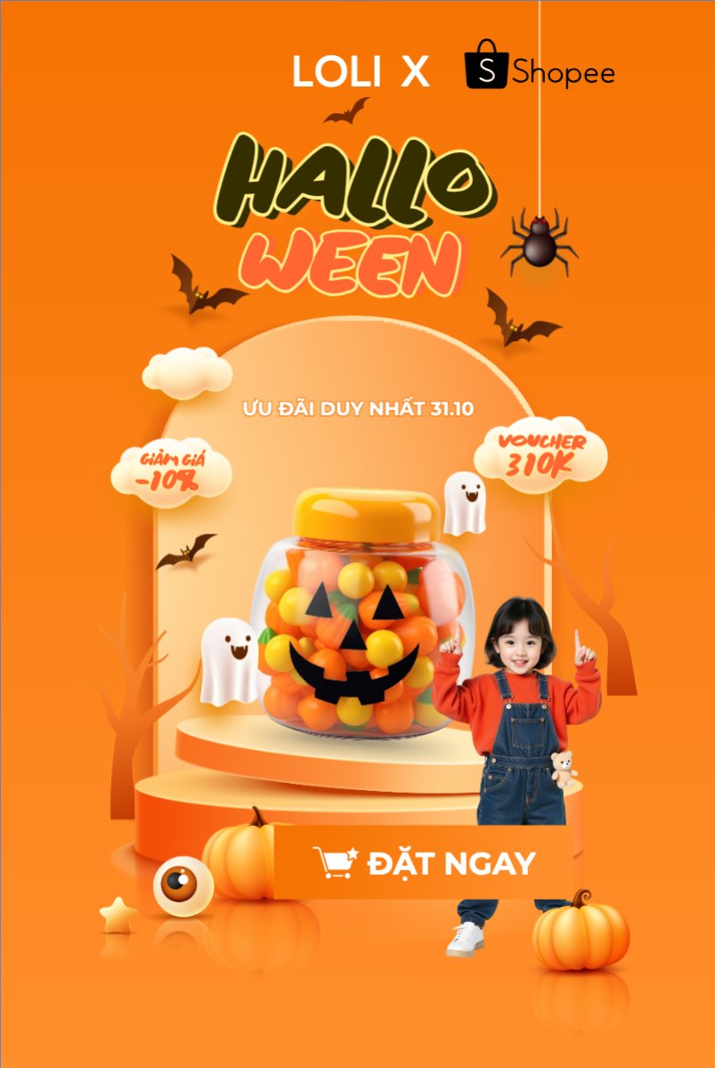 Mẫu Bài post MXH dọc Halloween, lễ hội ma quái, kẹo, candy, thực phẩm, food, sự kiện, event, dễ thương, cute, chibi, hoạt hình, cartoon — LayerPic