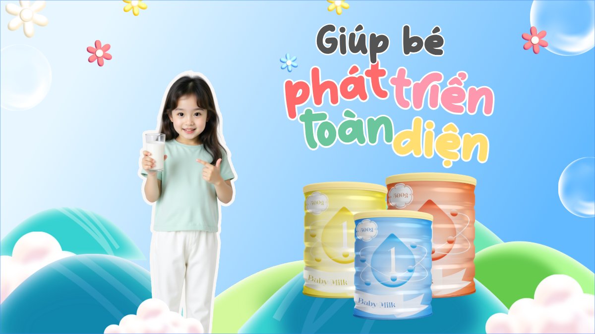 Mẫu Bài post MXH (16:9) Em bé, baby, trẻ em, kids, sữa, milk, đồ ăn, food, thực phẩm, ẩm thực, món ăn, F&B, thức ăn — LayerPic