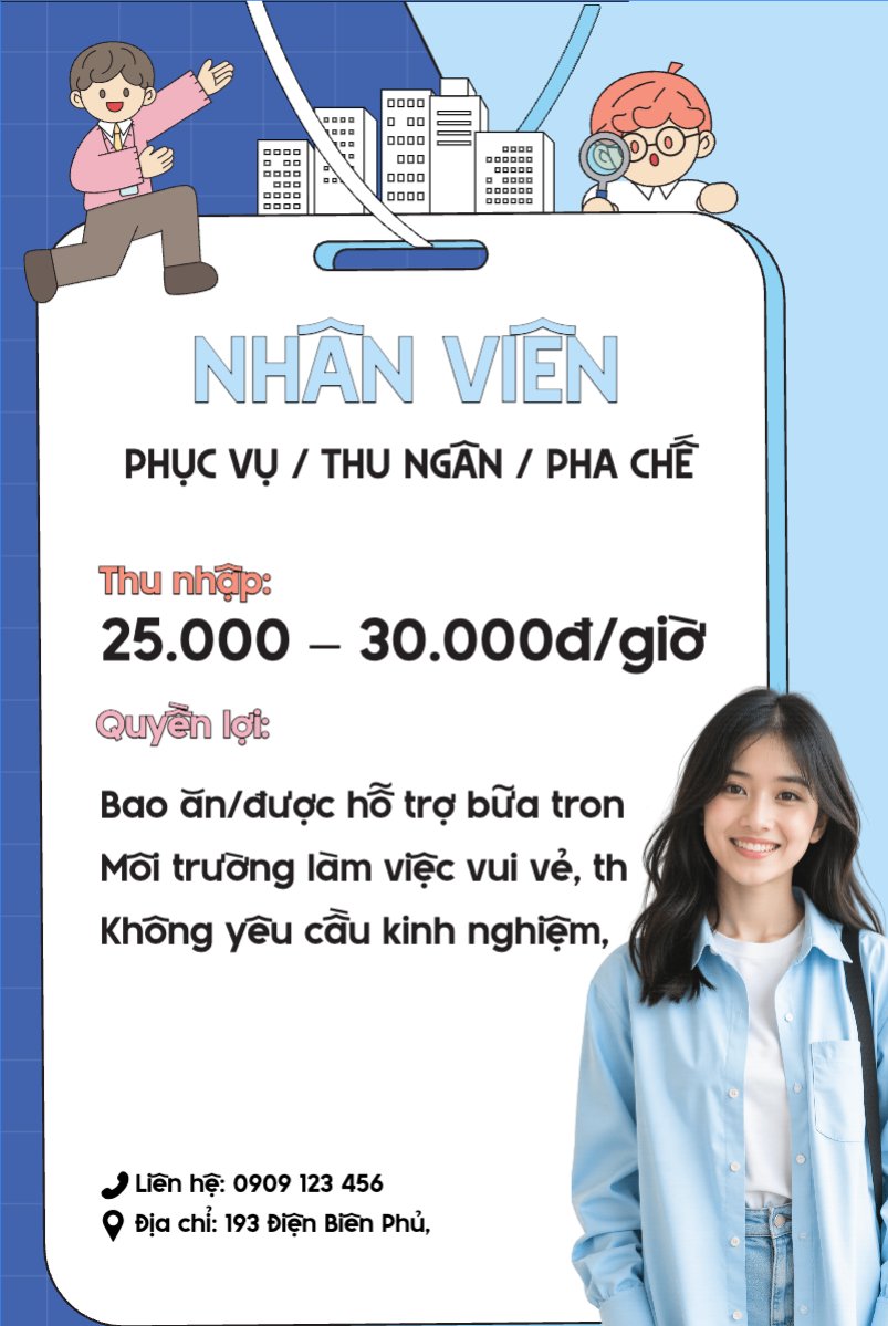 Mẫu Bài post MXH dọc Phục vụ, tuyển dụng, nước uống, juice, giải khát, F&B, drink, dễ thương, cute, chibi, hoạt hình, cartoon — LayerPic