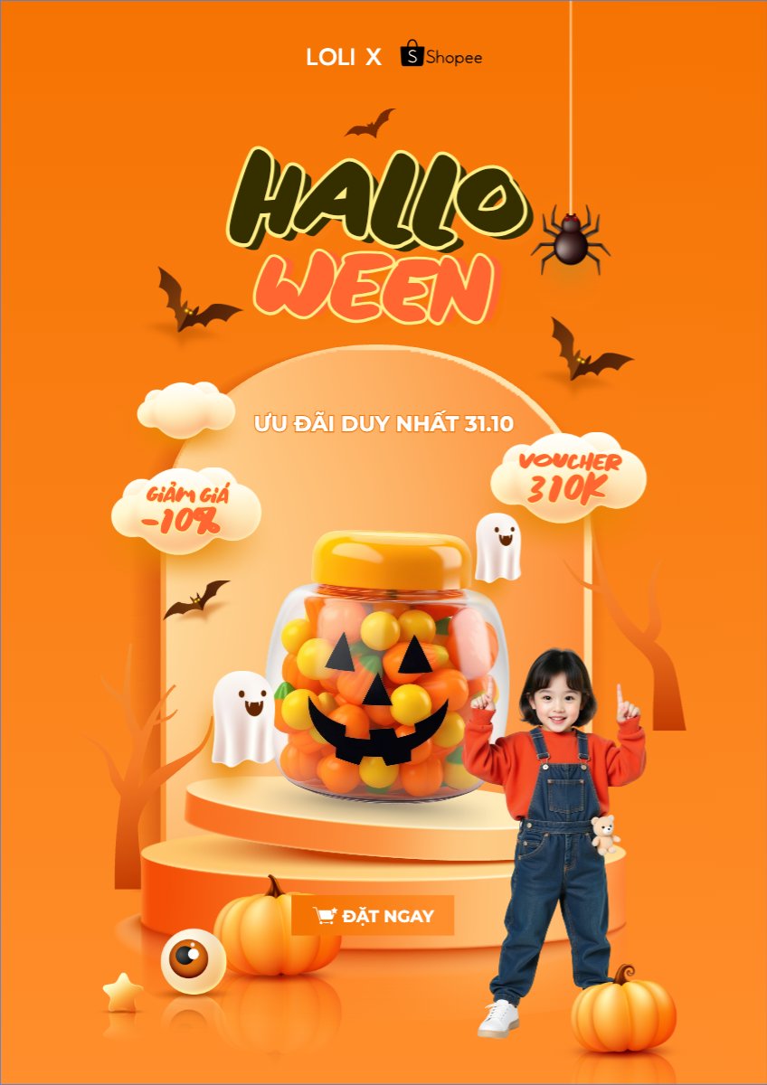 Mẫu Poster chuẩn Halloween, lễ hội ma quái, kẹo, candy, thực phẩm, food, sự kiện, event, dễ thương, cute, chibi, hoạt hình, cartoon — LayerPic