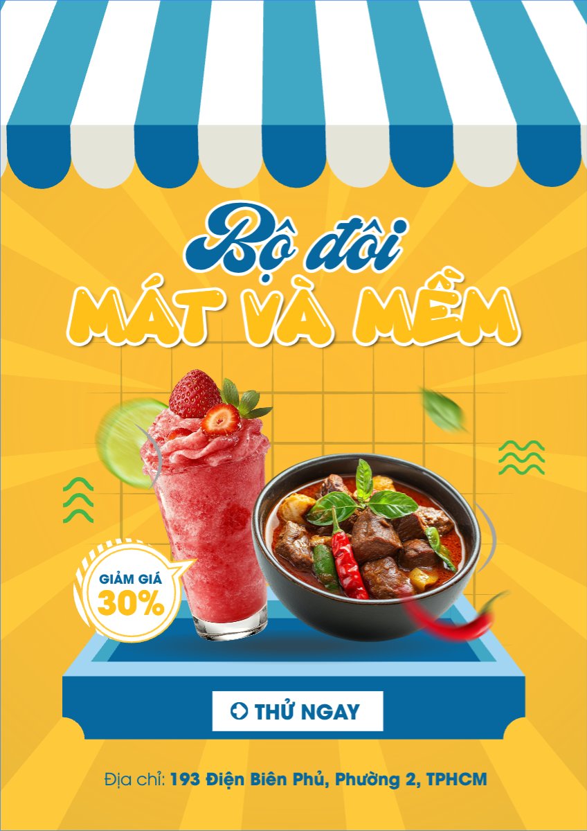 Mẫu Poster chuẩn Bò kho, trà dâu, nước uống, Đồ ăn, food, thực phẩm, ẩm thực, món ăn, F&B, nhà hàng, hiện đại, modern — LayerPic