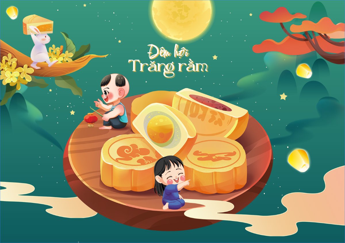 Mẫu Thiệp chúc mừng Trung thu, Tết Đoàn Viên, mid-autumn festival, sự kiện, event, dễ thương, cute, chibi, hoạt hình, cartoon — LayerPic