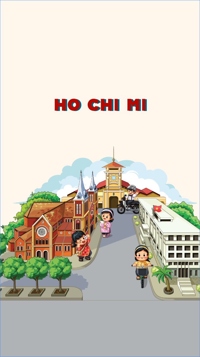 Mẫu Hình nền điện thoại Hồ Chí Minh, Sài Gòn, Việt Nam, địa danh, du lịch, travel, dễ thương, cute, chibi, hoạt hình, cartoon — LayerPic