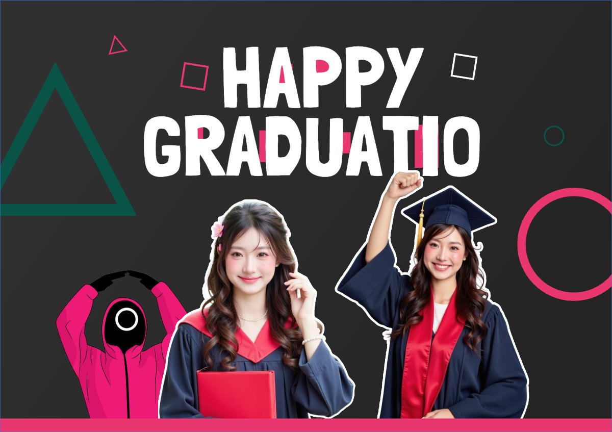 Mẫu Thiệp chúc mừng Tốt nghiệp, kỉ yếu, Graduation, yearbook, squid game, dễ thương, cute, chibi, hoạt hình, cartoon — LayerPic