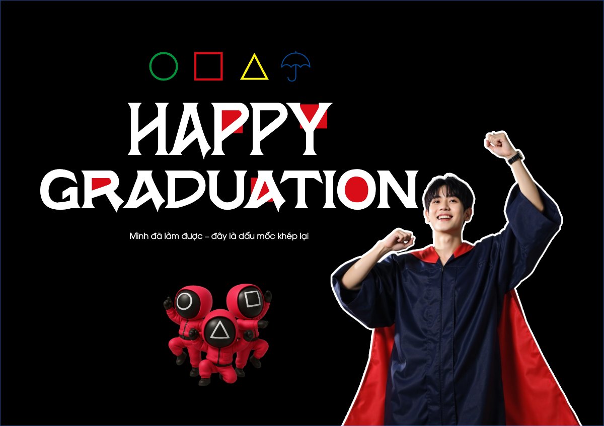 Mẫu Thiệp chúc mừng Tốt nghiệp, kỉ yếu, Graduation, yearbook, squid game, dễ thương, cute, chibi, hoạt hình, cartoon — LayerPic