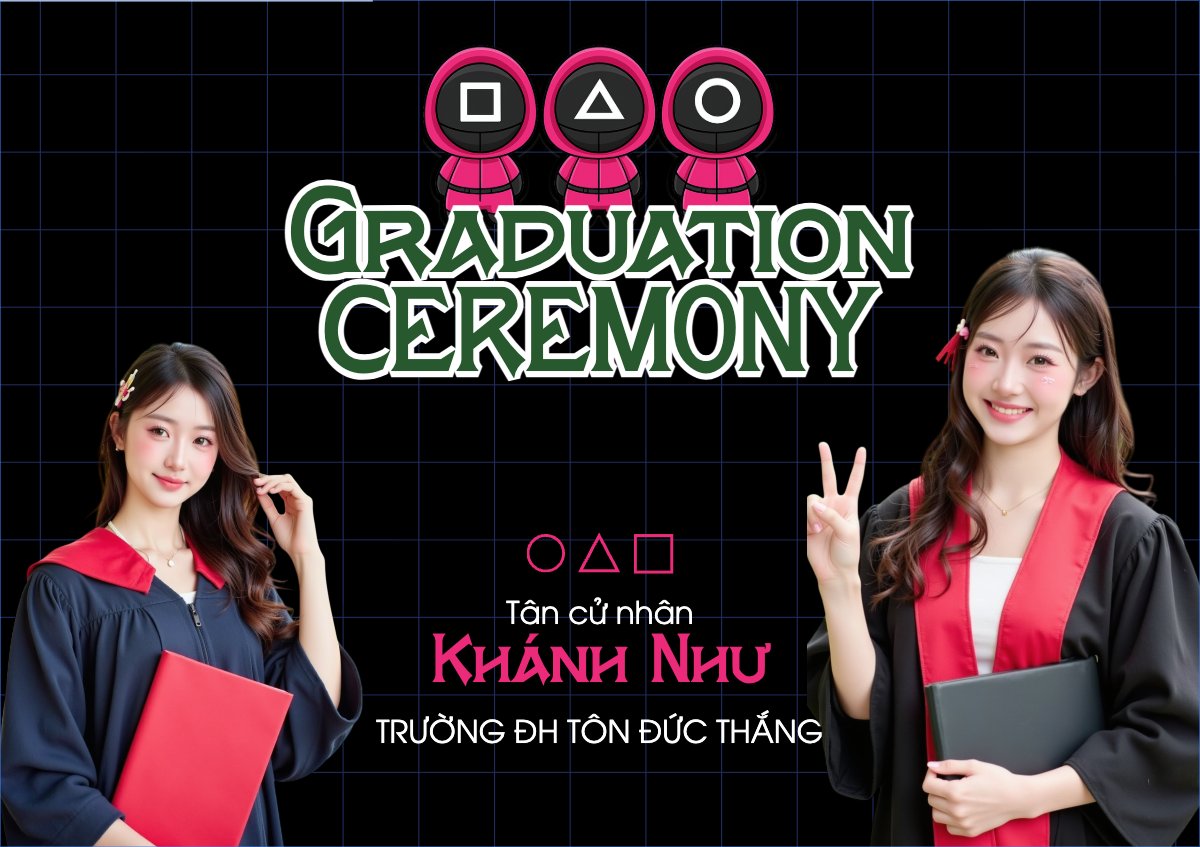 Mẫu Thiệp chúc mừng Tốt nghiệp, kỉ yếu, Graduation, yearbook, dễ thương, cute, chibi, hoạt hình, cartoon, squid game — LayerPic