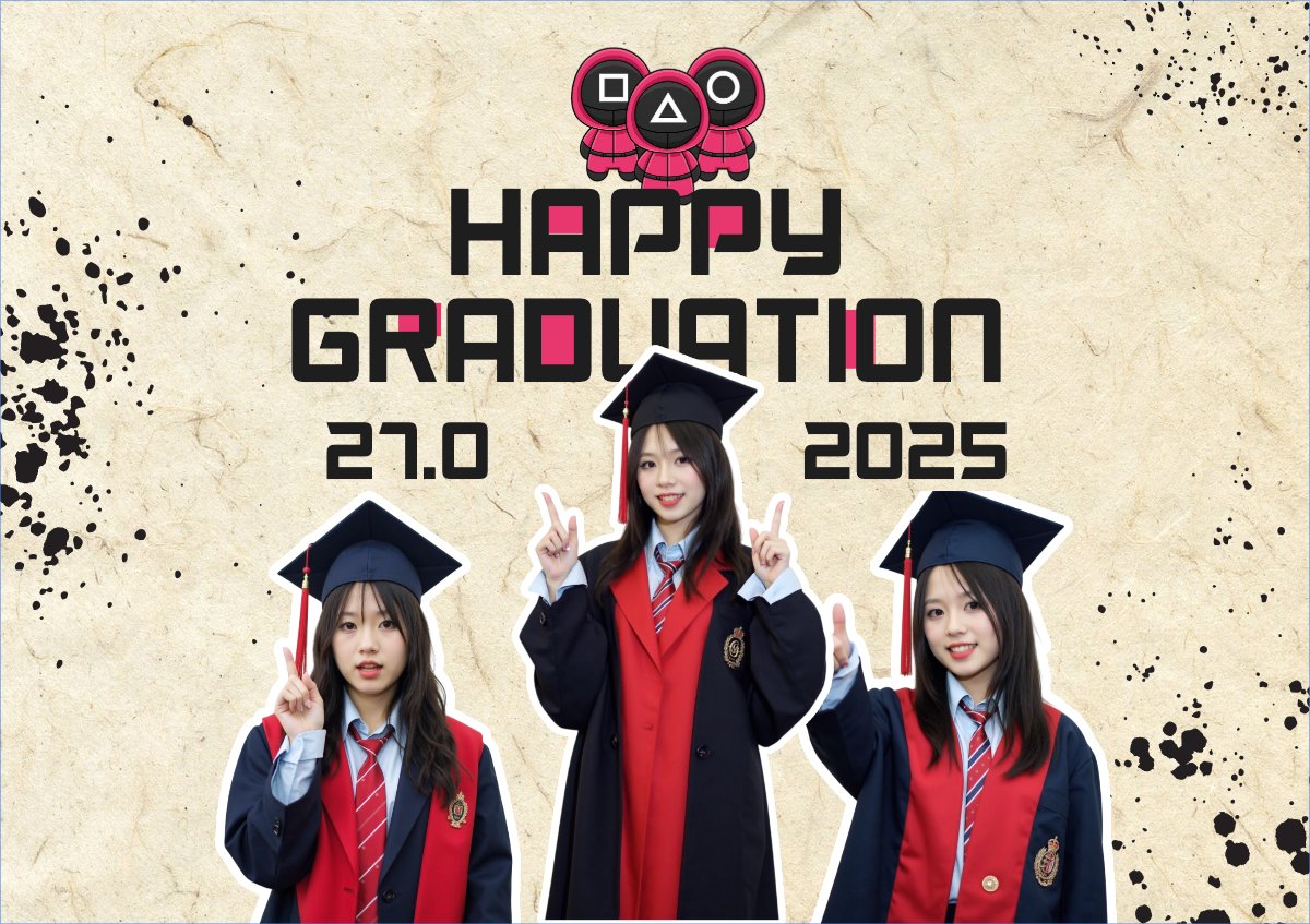 Mẫu Thiệp chúc mừng Tốt nghiệp, kỉ yếu, Graduation, yearbook, dễ thương, cute, chibi, hoạt hình, cartoon, squid game — LayerPic