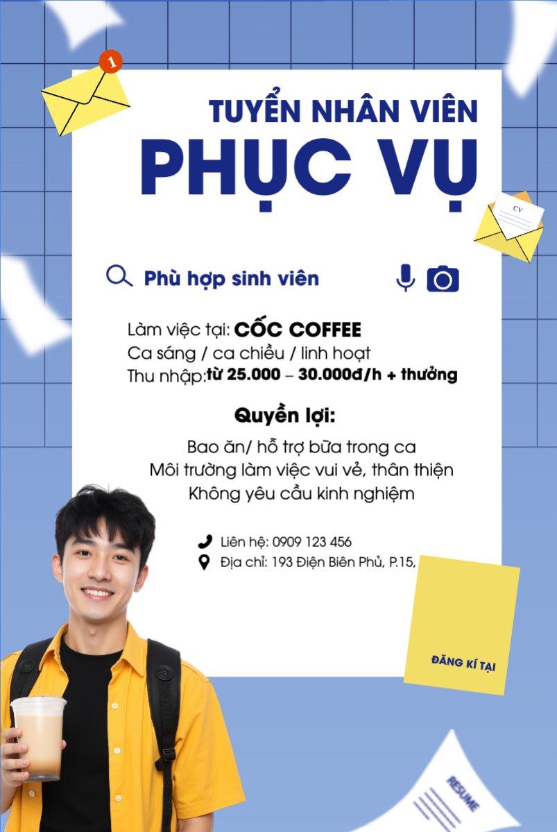 Mẫu Bài post MXH dọc Phục vụ, tuyển dụng, nước uống, juice, giải khát, F&B, drink, hiện đại, modern — LayerPic