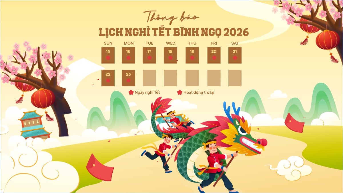 Mẫu Bài post MXH (16:9) Thông báo lịch nghỉ tết nguyên đán Bính Ngọ 2026 — LayerPic