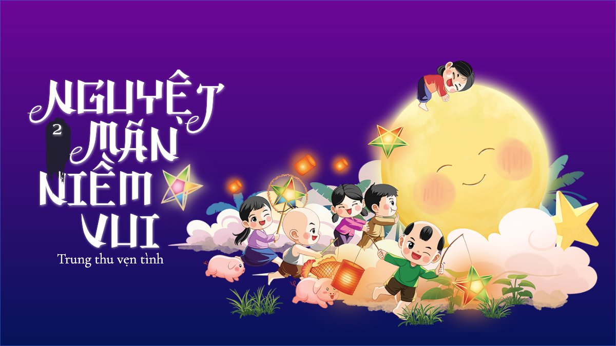 Mẫu Bài post MXH (16:9) Trung thu, Tết Đoàn Viên, mid-autumn festival, lễ hội, sự kiện, event, dễ thương, cute, chibi, hoạt hình, cartoon — LayerPic