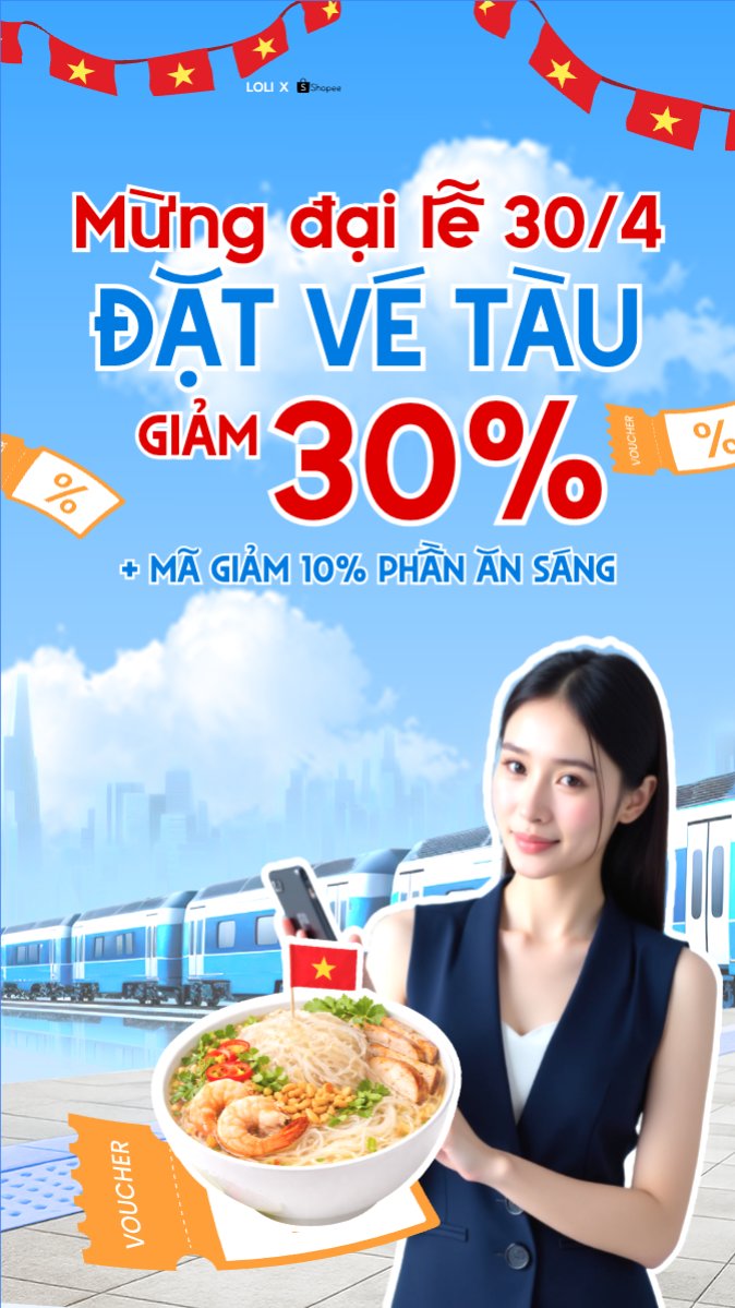 Mẫu Bài post MXH (9:16) Mừng đại lễ 30/4 đặt vé tàu giảm tới 30% — LayerPic