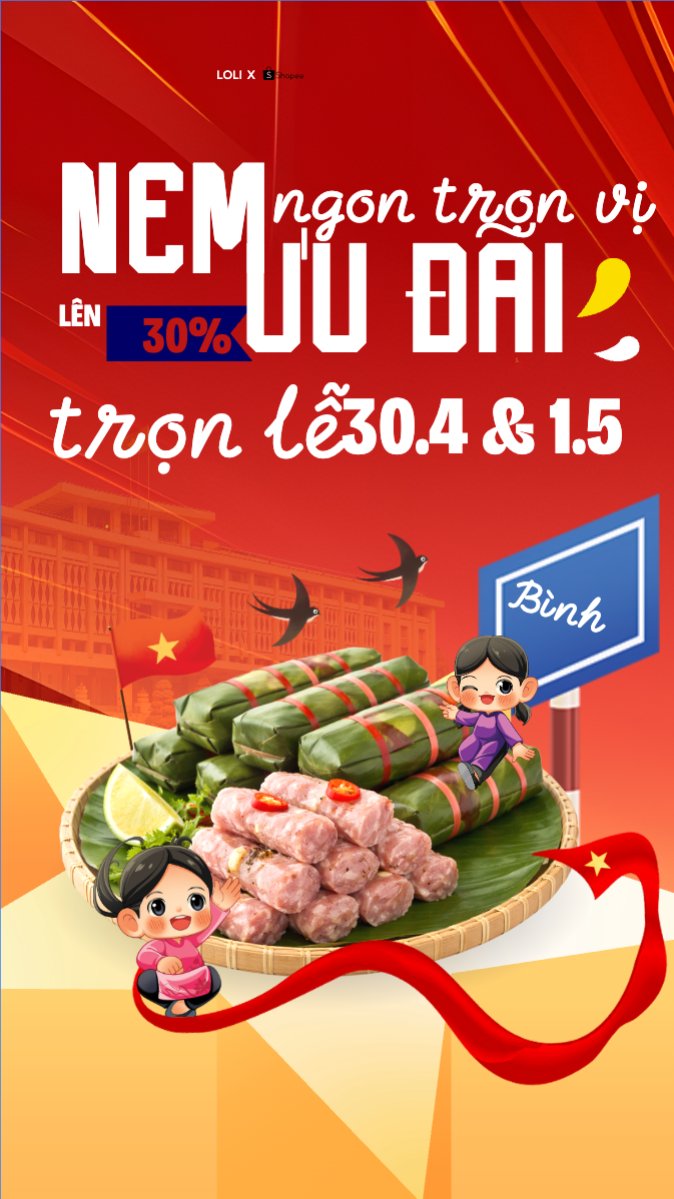 Mẫu Bài post MXH (9:16) Nem ngon trọn vị ưu đãi trọn lễ 30.4 và 1.5 — LayerPic