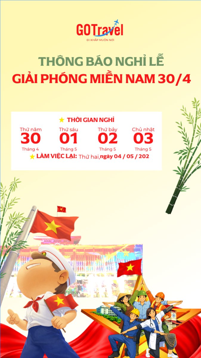 Mẫu Bài post MXH (9:16) Thông báo nghỉ lễ Giải phóng miền Nam 30/4 và Quốc tế Lao động 1/5 — LayerPic